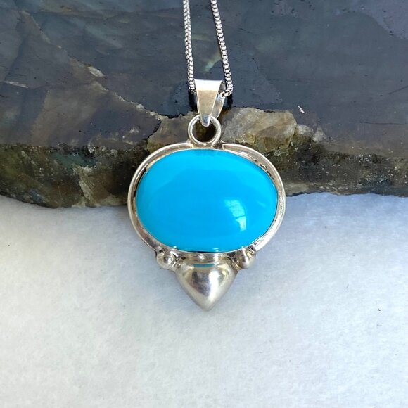 VTG Sterling Silver 925 Taxco Mexico Turquoise Cabochon Pendant Necklace 18" - Picture 3 of 16